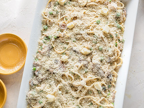 Tuna tetrazzini topped with parmesan cheese and breadcrumbs in a large rectangular baking dish.