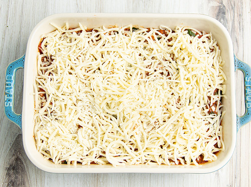 Garlic bread casserole topped with mozzarella cheese.