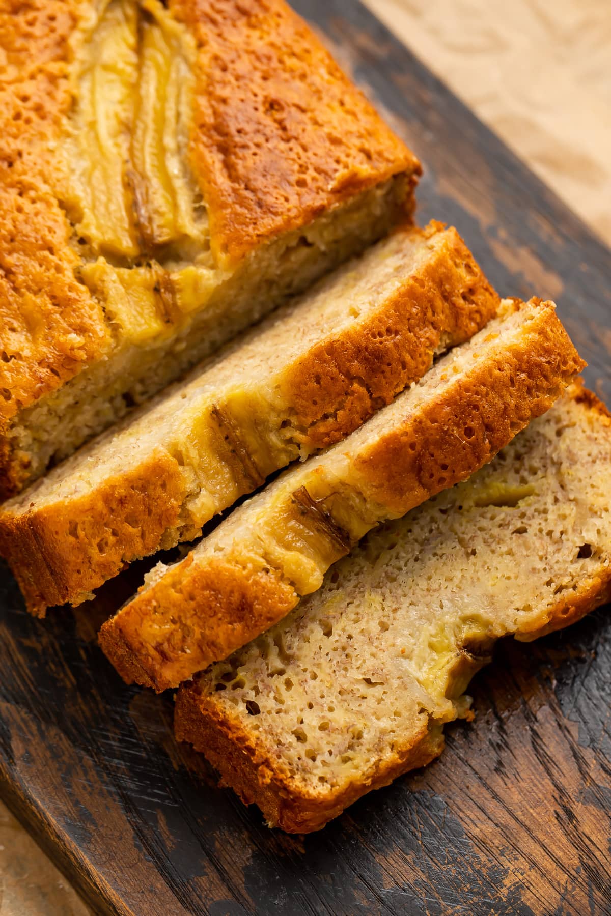 Slices of a loaf of banana bread made with only 4 ingredients.