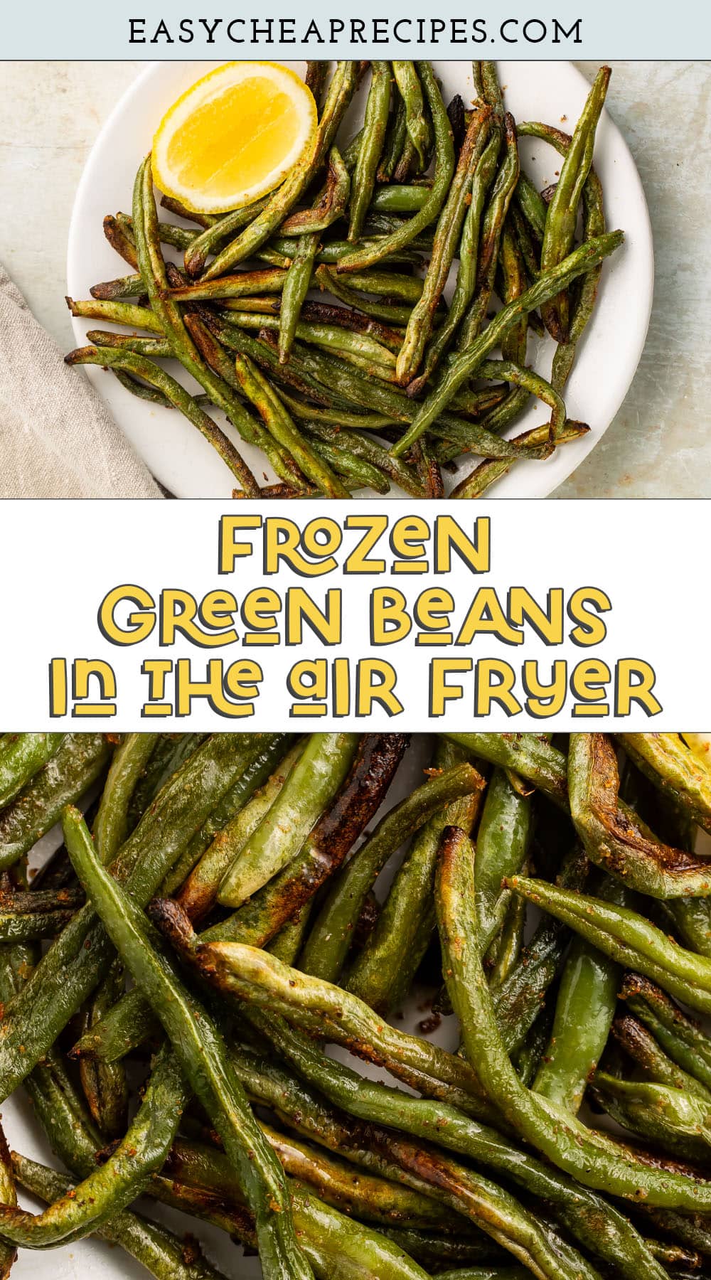 Pin graphic for air fryer frozen green beans.