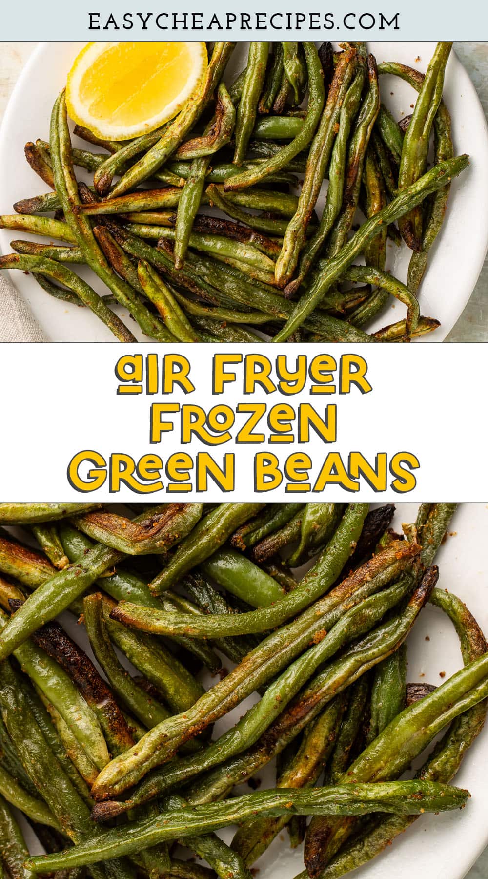 Pin graphic for air fryer frozen green beans.