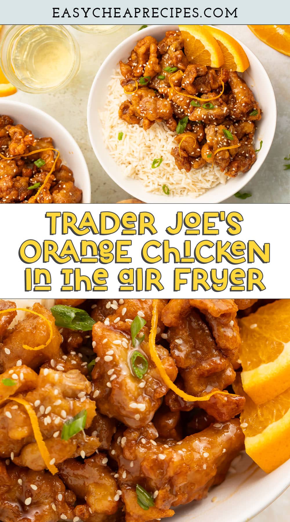 Pin graphic for Trader Joe's orange chicken in the air fryer.
