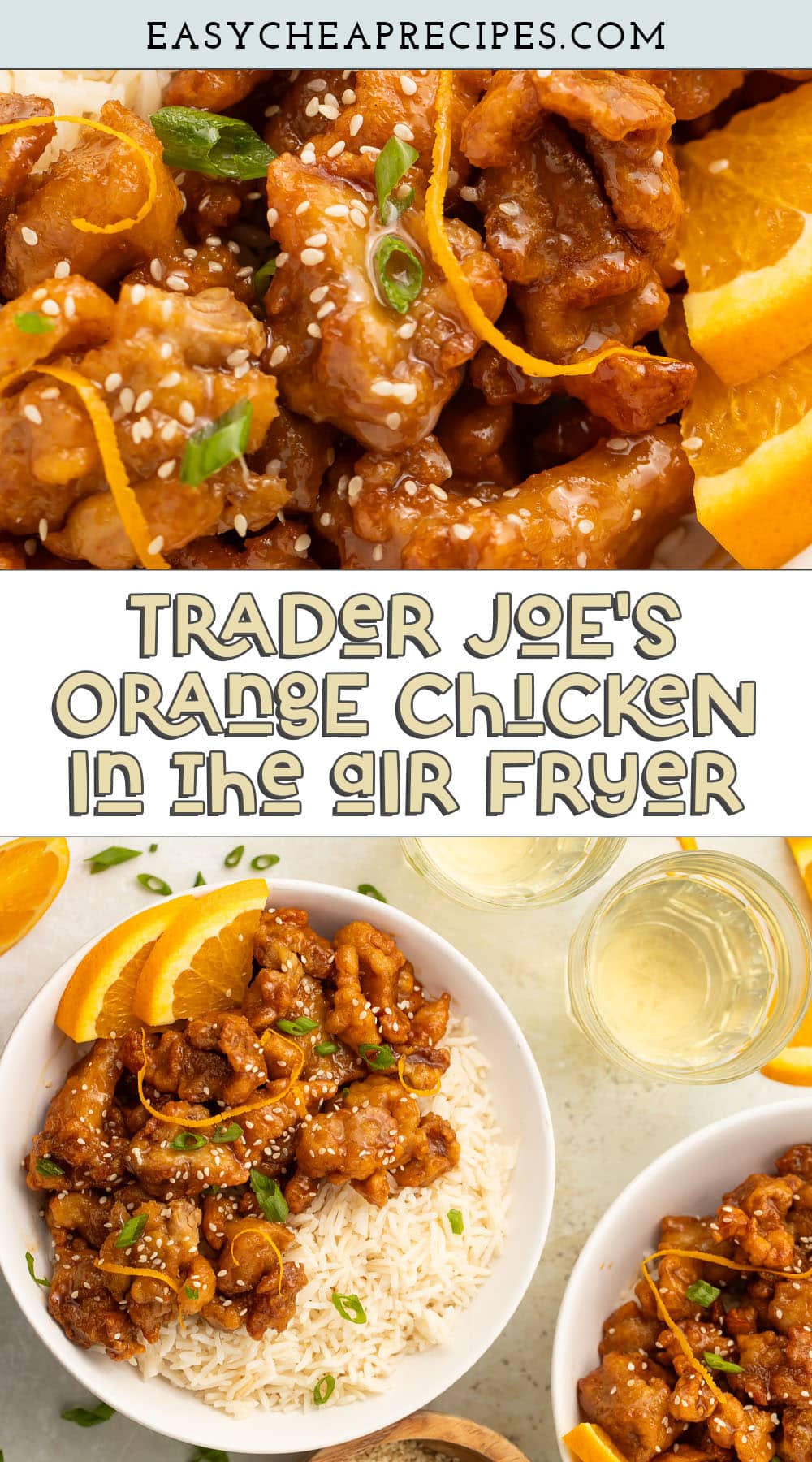 Pin graphic for Trader Joe's orange chicken in the air fryer.
