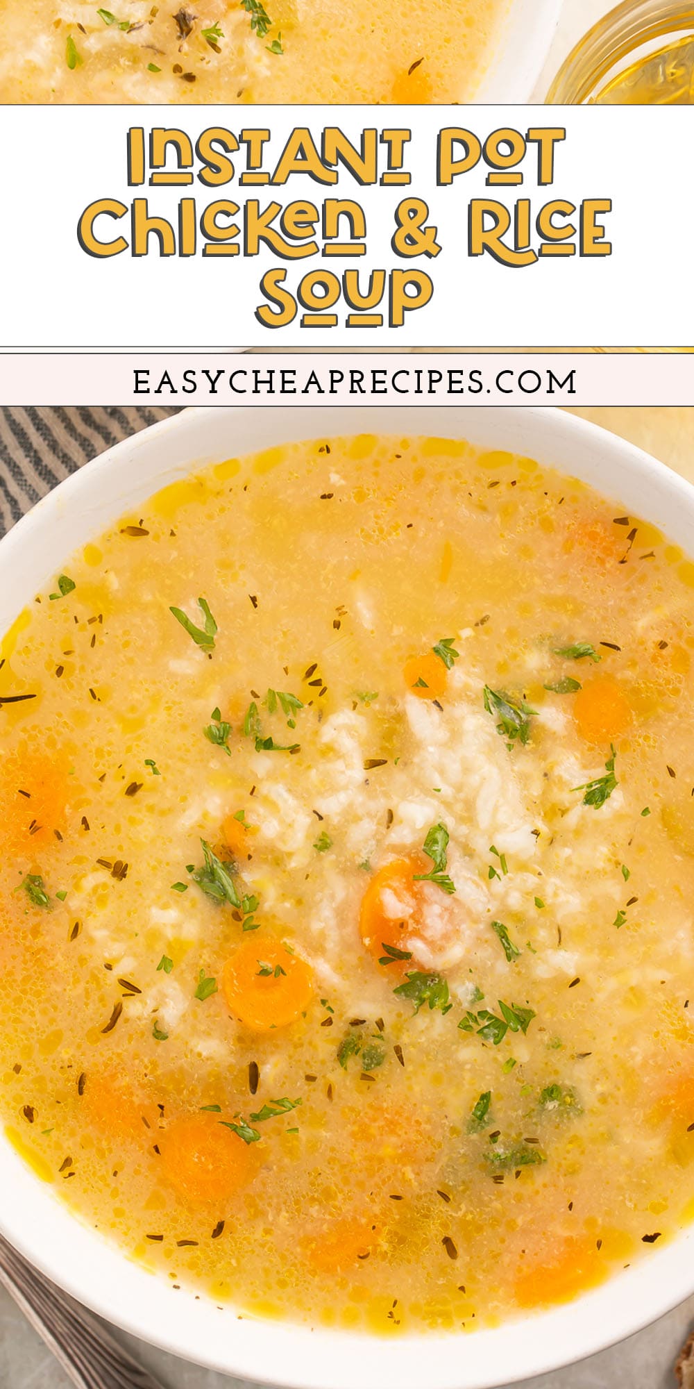 Pin graphic for Instant Pot chicken and rice soup.