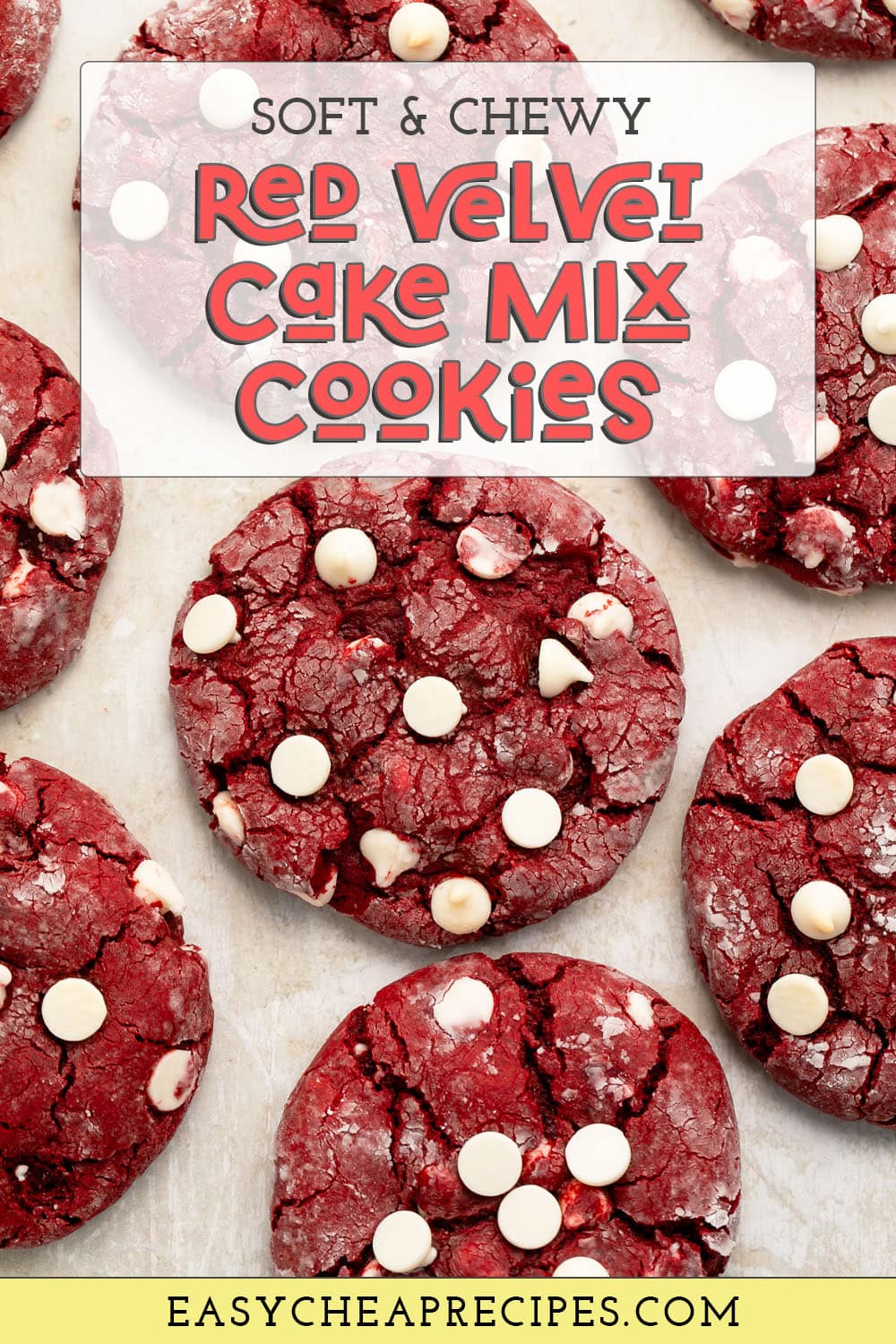 Pin graphic for red velvet cake mix cookies.