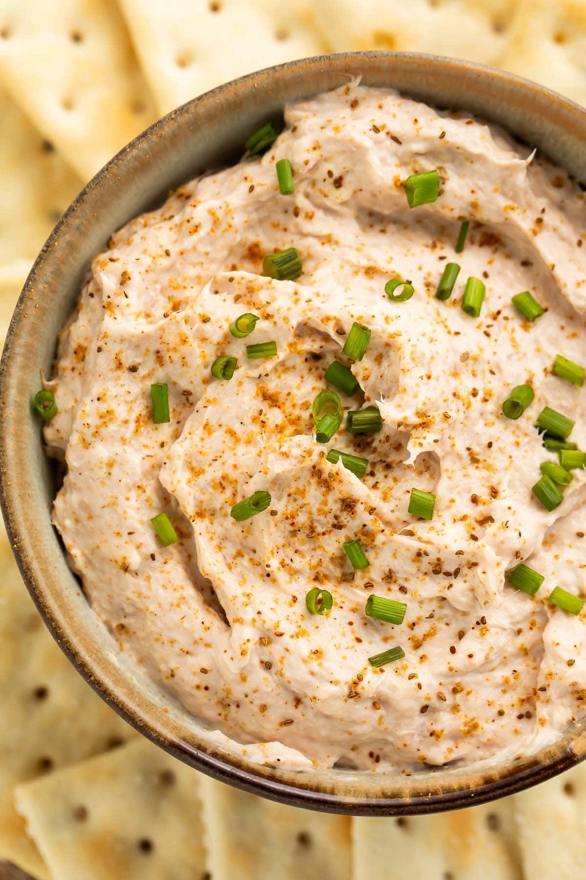 A brown bowl holding creamy smoked tuna dip garnished with chopped chives and surrounded by saltine crackers.