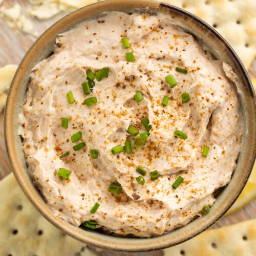 A brown bowl holding creamy smoked tuna dip garnished with chopped chives and surrounded by saltine crackers.