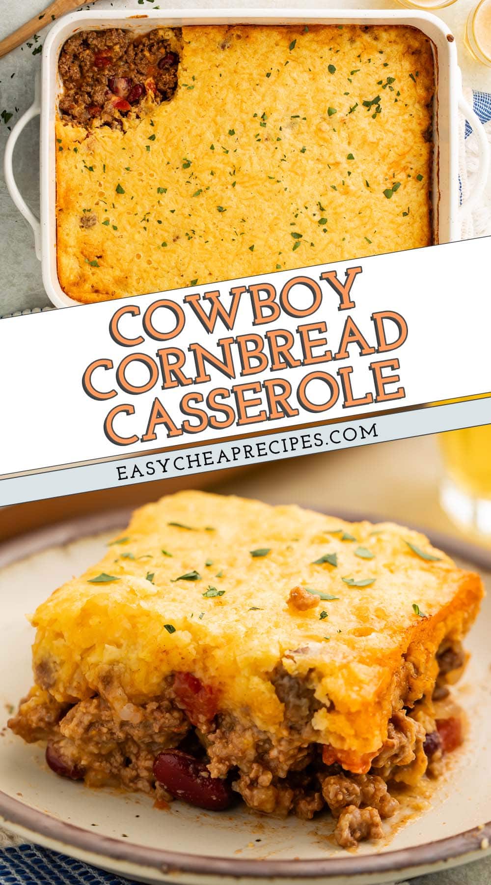 Pin graphic for cowboy cornbread casserole.