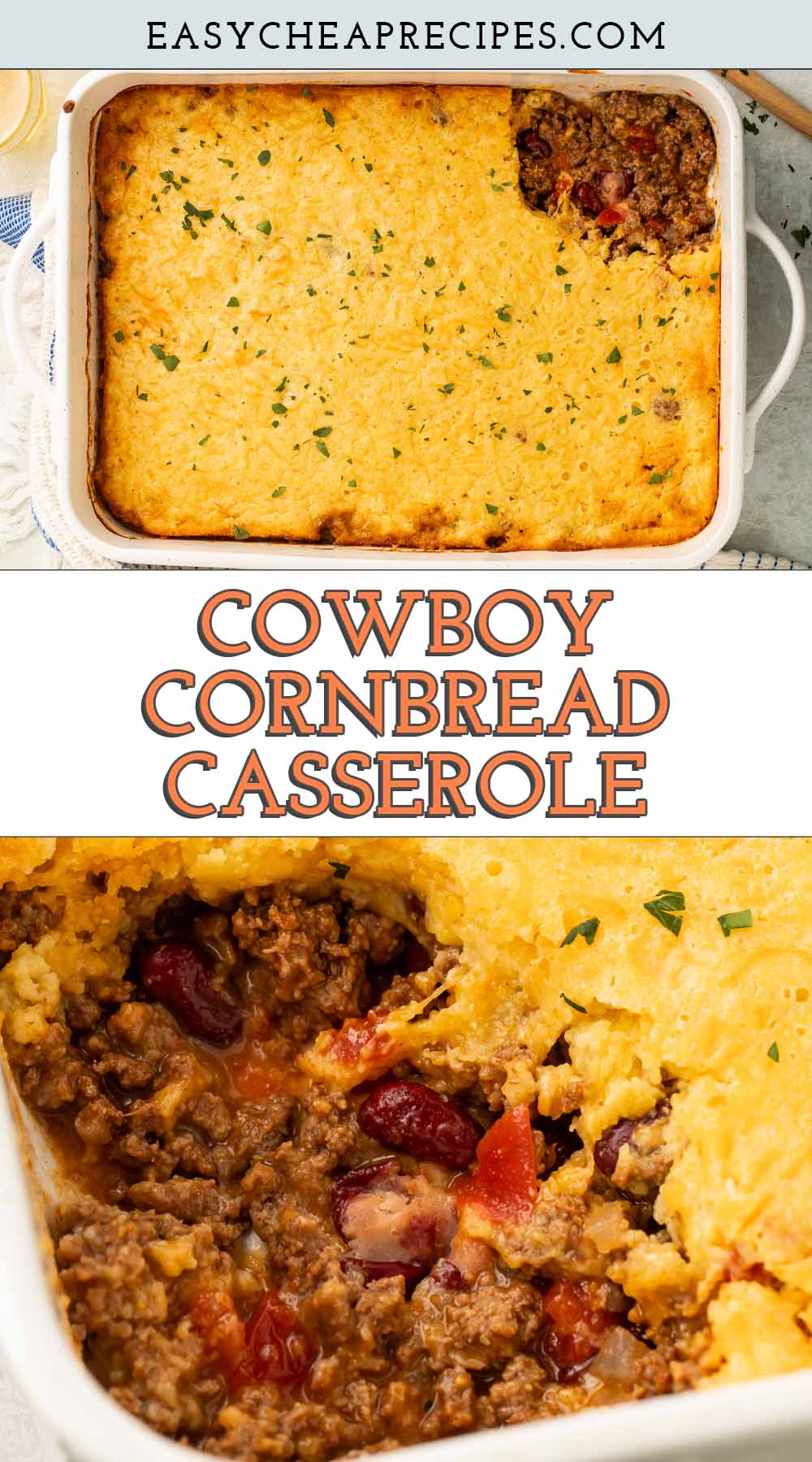 Pin graphic for cowboy cornbread casserole.