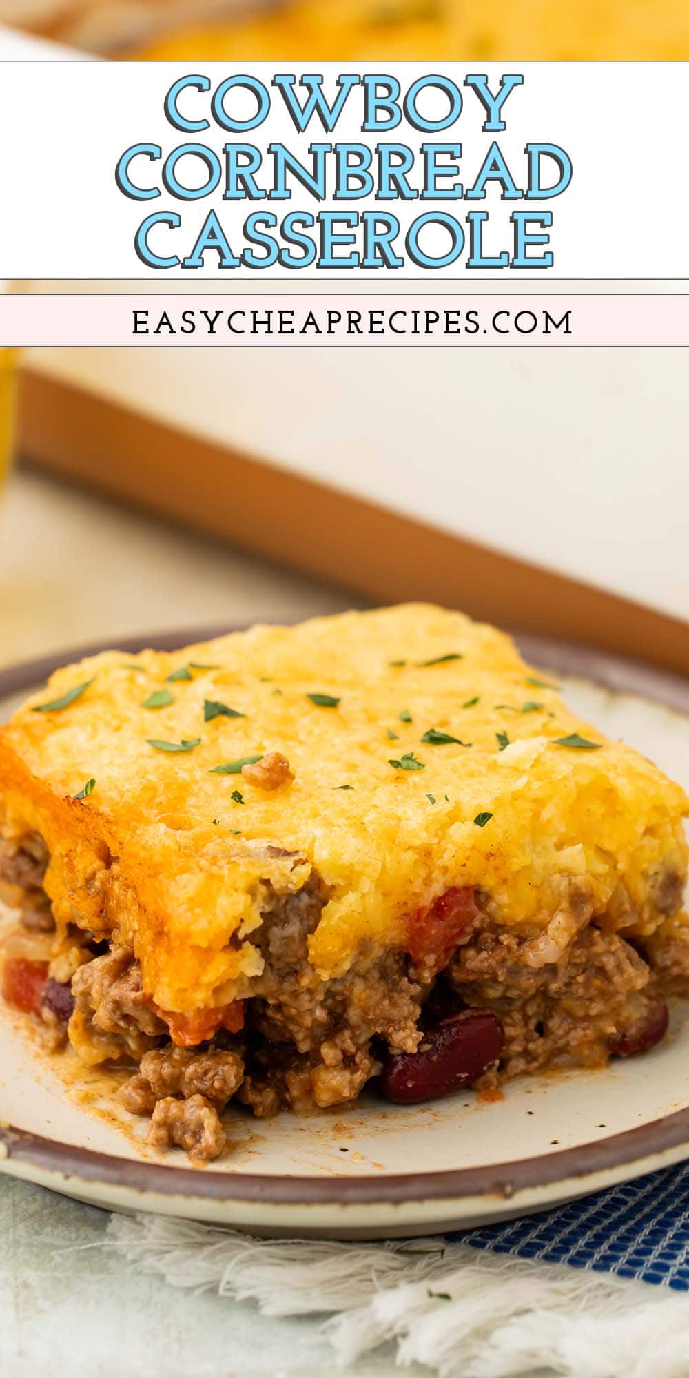 Pin graphic for cowboy cornbread casserole.