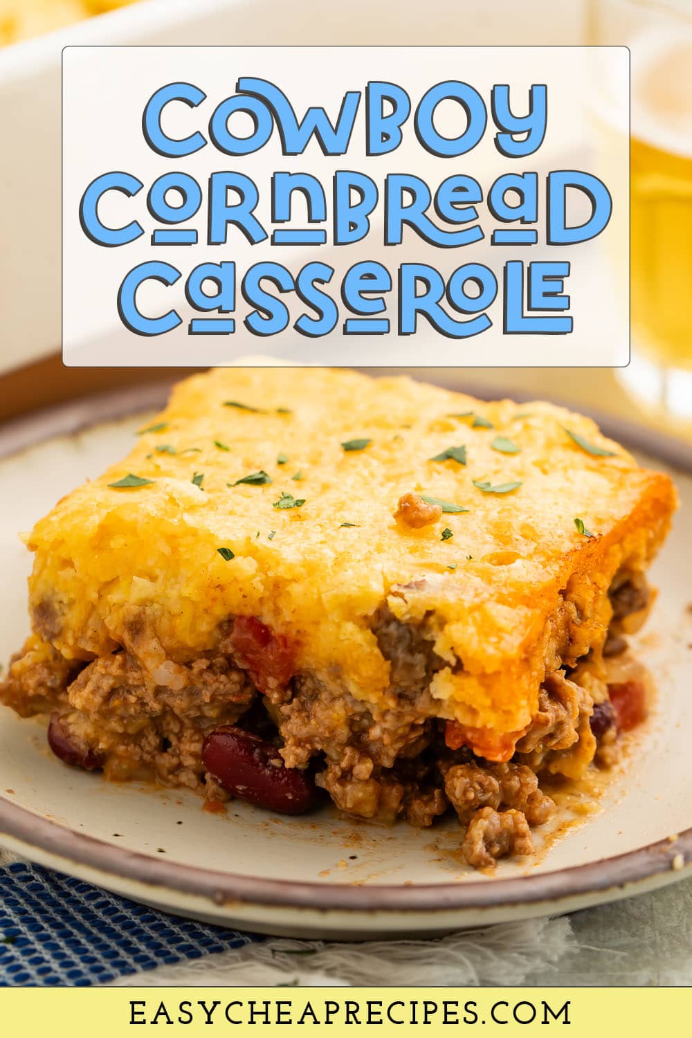 Pin graphic for cowboy cornbread casserole.