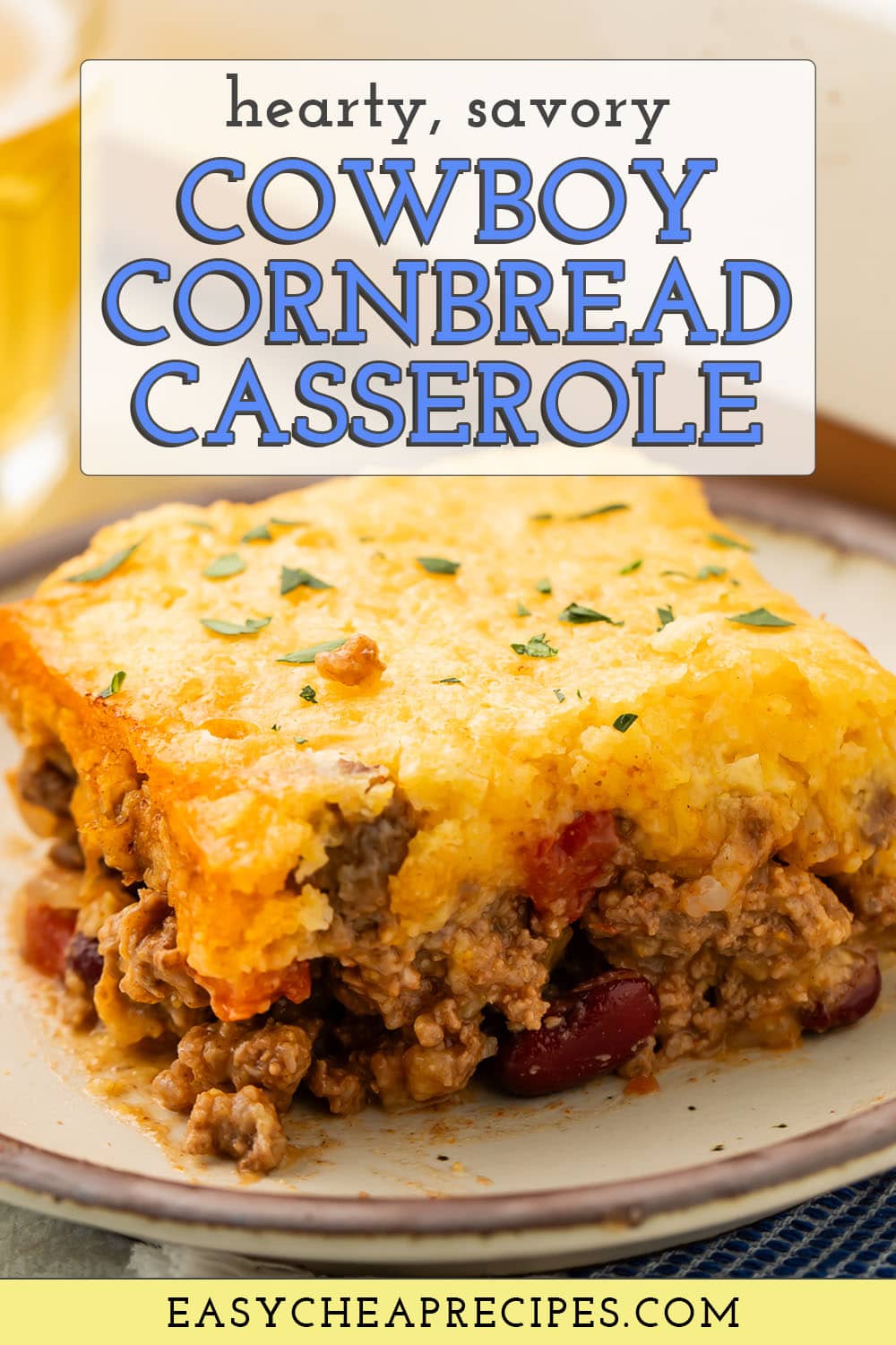 Pin graphic for cowboy cornbread casserole.
