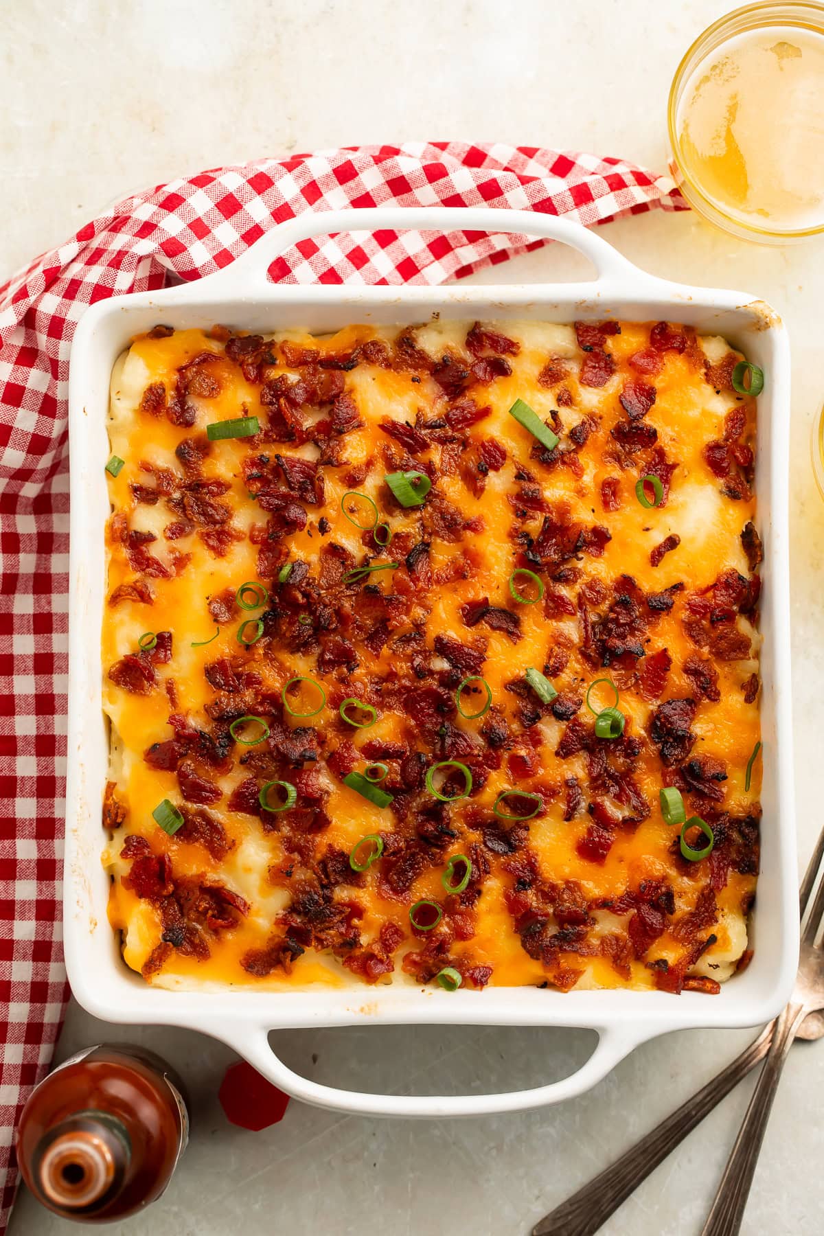 Overhead shot of a loaded cowboy meatloaf casserole.