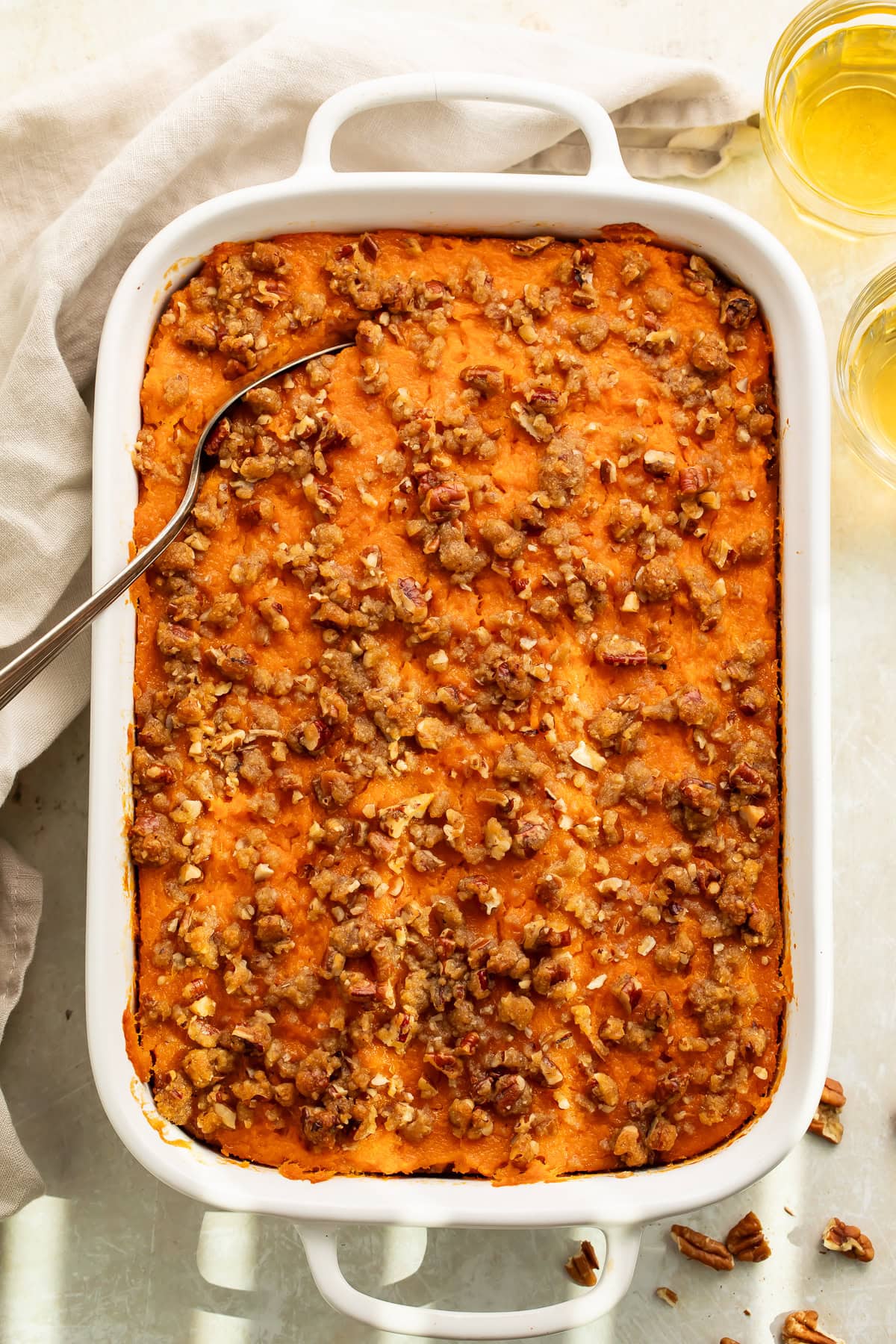 Overhead view of Sweet Potato Crunch in a white baking dish.
