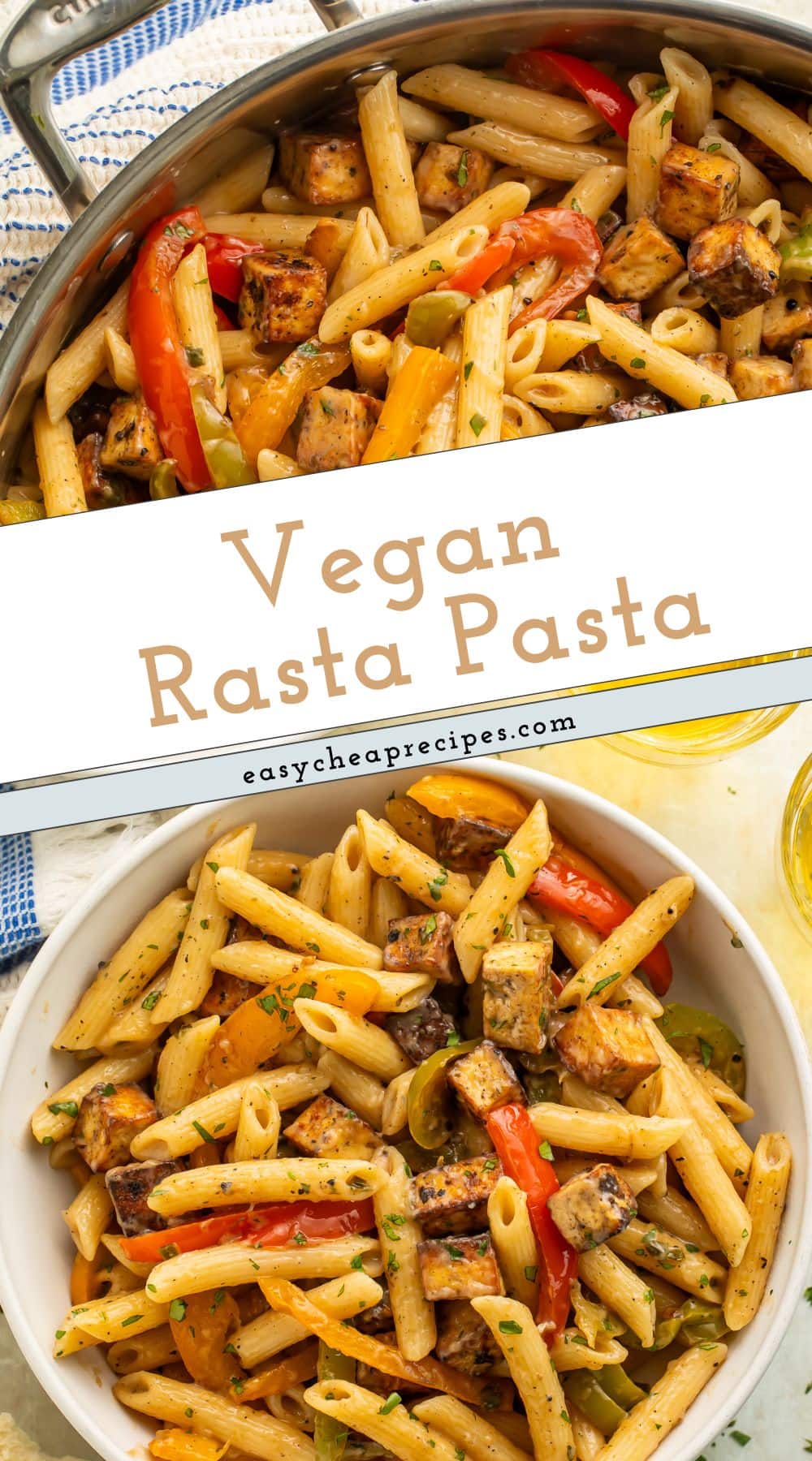 Close up of a pan and a bowl of vegan rasta pasta formatted as a Pinterest pin.