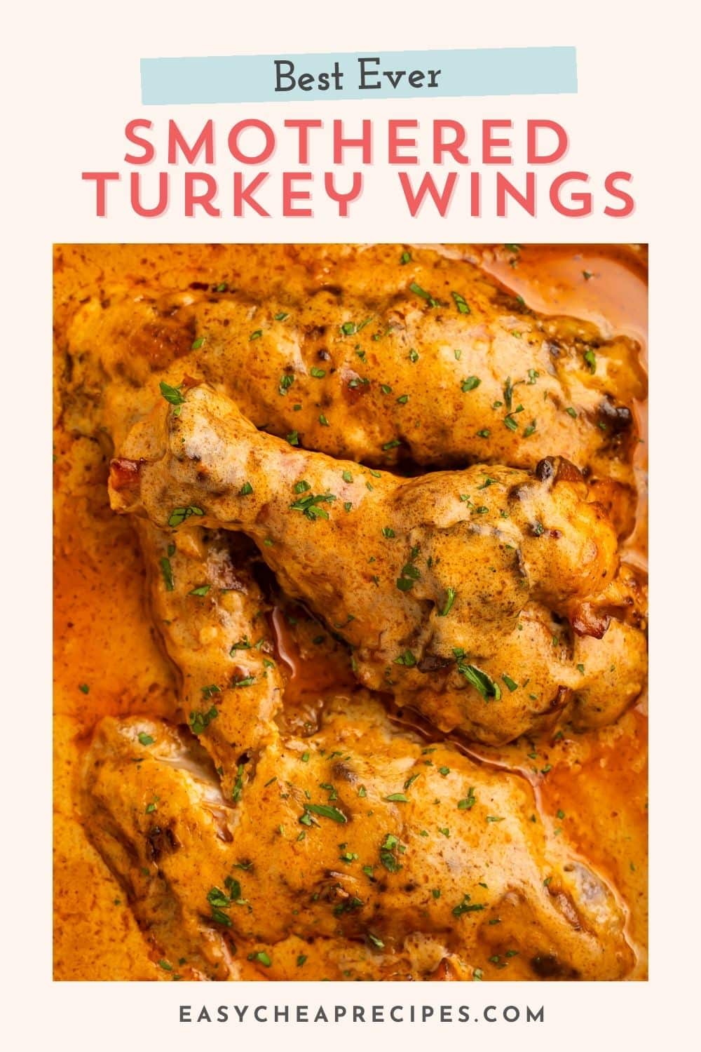Close up of smothered turkey wings in a creamy sauce, with a Pinterest optimised text overlay