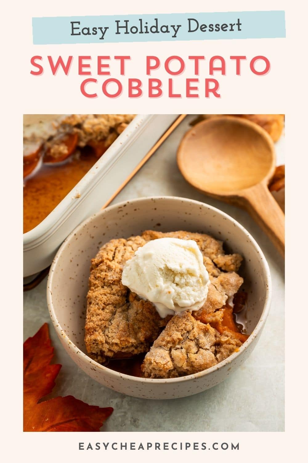 Bowl of sweet potato cobbler topped with vanilla ice cream set into a Pinterest pin layout graphic.