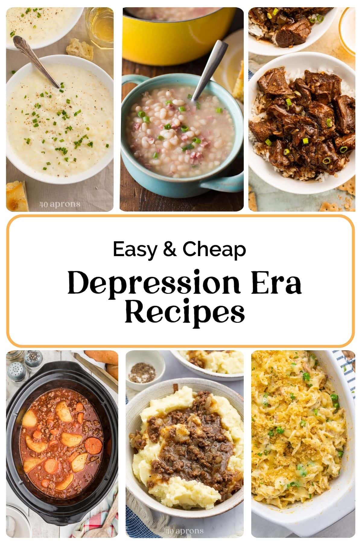 Roundup grid of 6 depression era recipes with Pinterest text overlay.