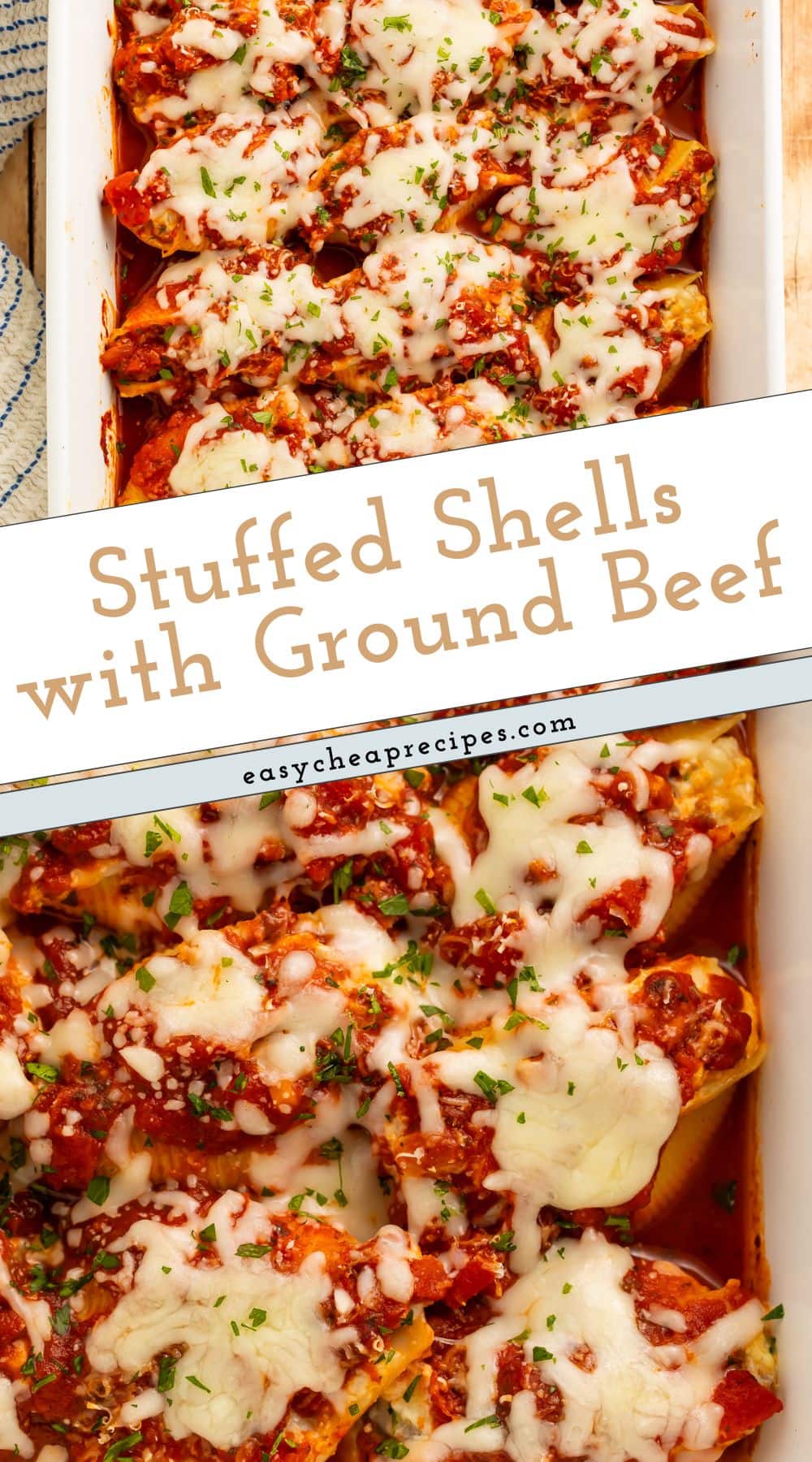 Two close ups of stuffed shells with ground beef, finished with a Pinterest-friendly overlay.