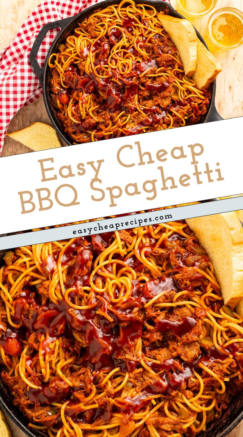BBQ spaghetti in a skillet with a second picture highlighting it close up, with Pinterest-optimised text overlay.